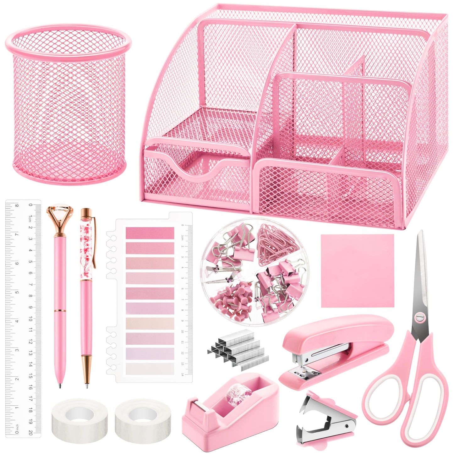 Fayoo 11 Pcs Pink Office Supplies Set Mesh Desk Organizer Accessories Kit include Stapler Tape Dispenser Staple Remover Clips Ruler Scissors Sticky Notes for Office School Home Women (Pink)