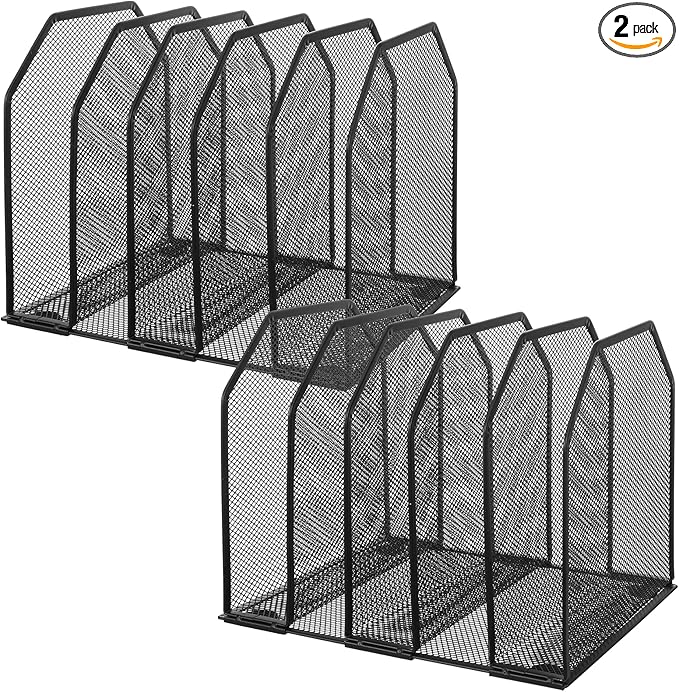 mekueeex 2 Pcs Vertical File Organizer for Desk - Metal Mesh Holder with 5 Compartments, File Folder Rack & Document Storage Stand - 9.3" x 8.5" x 7.9"