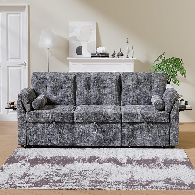Convertible Sleeper Sofa Bed, 63 Inch Chenille Pull Out Couch