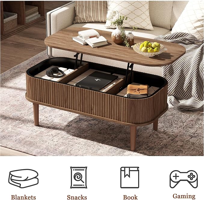 Fluted Lift Top Coffee Table with Hidden Storage, Oval Coffee Table with Lifting Top, Mid Century Modern Design for Living Room, Office & Small Spaces, Walnut