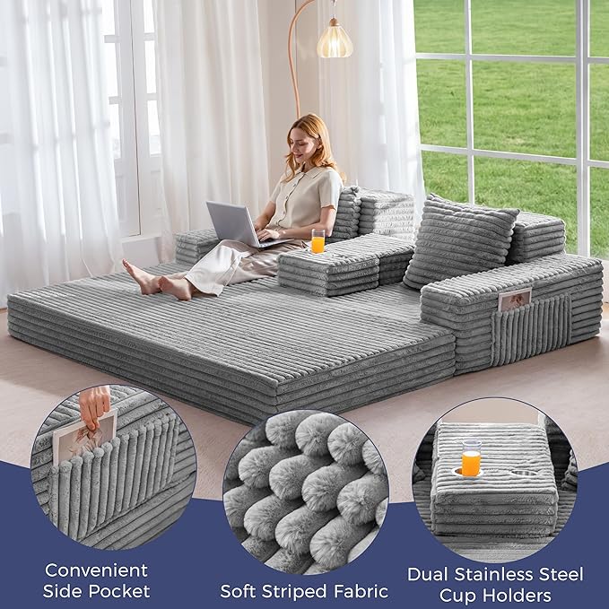 MAXYOYO Loveseat Sofa Bed, Striped Faux Fur Foldable Floor Sofa Couch in A Box