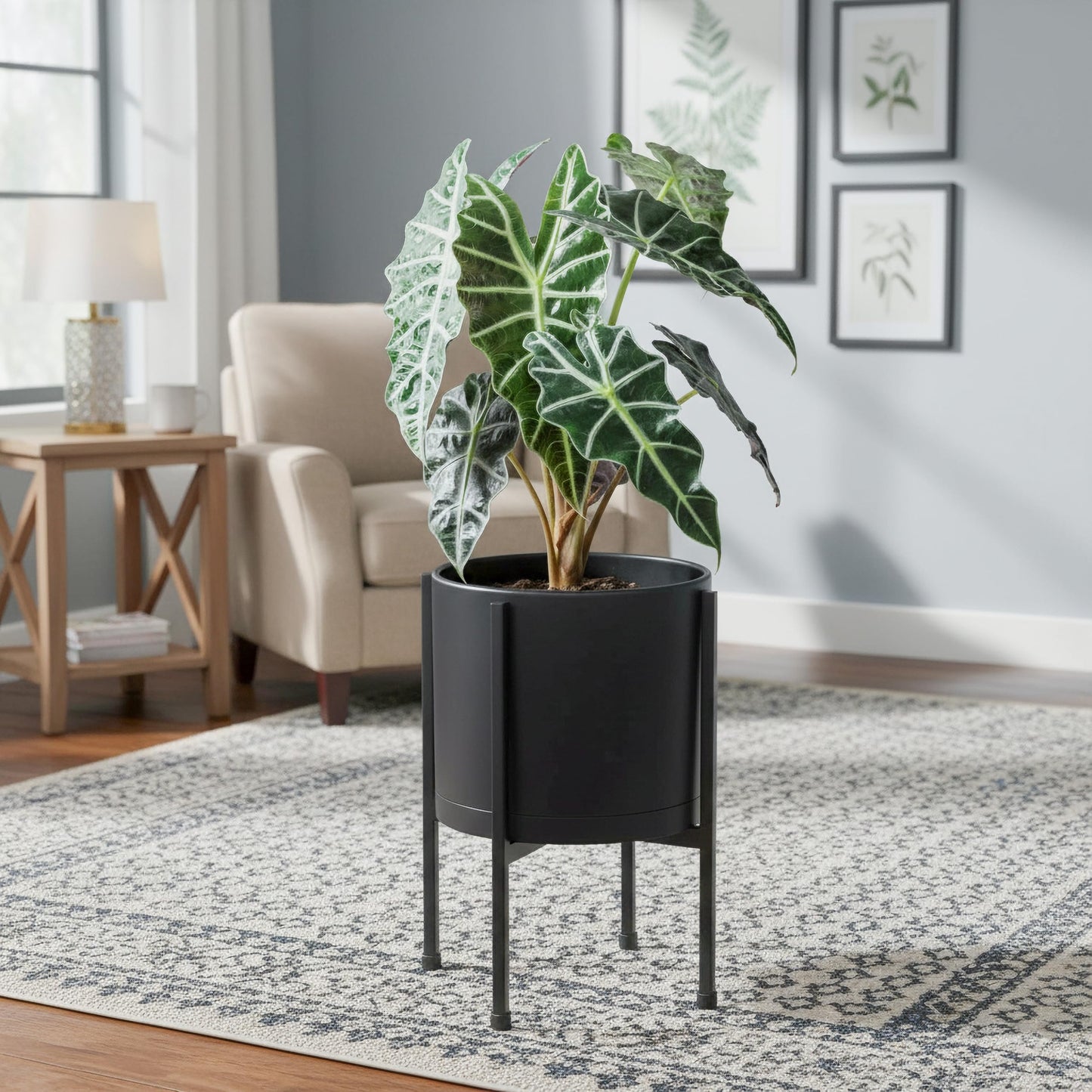 D'vine Dev 8 Inch Black Planter Pot with Stand – Modern Plastic Cylinder Flower Pot with Heavy-Duty Metal Stand for Indoor Plants, 55-D-B-1