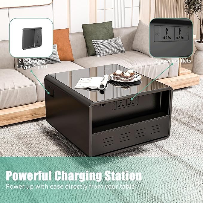 LUMISOL Smart Side Table with Built-in Fridge, Wireless Charging, Temperature