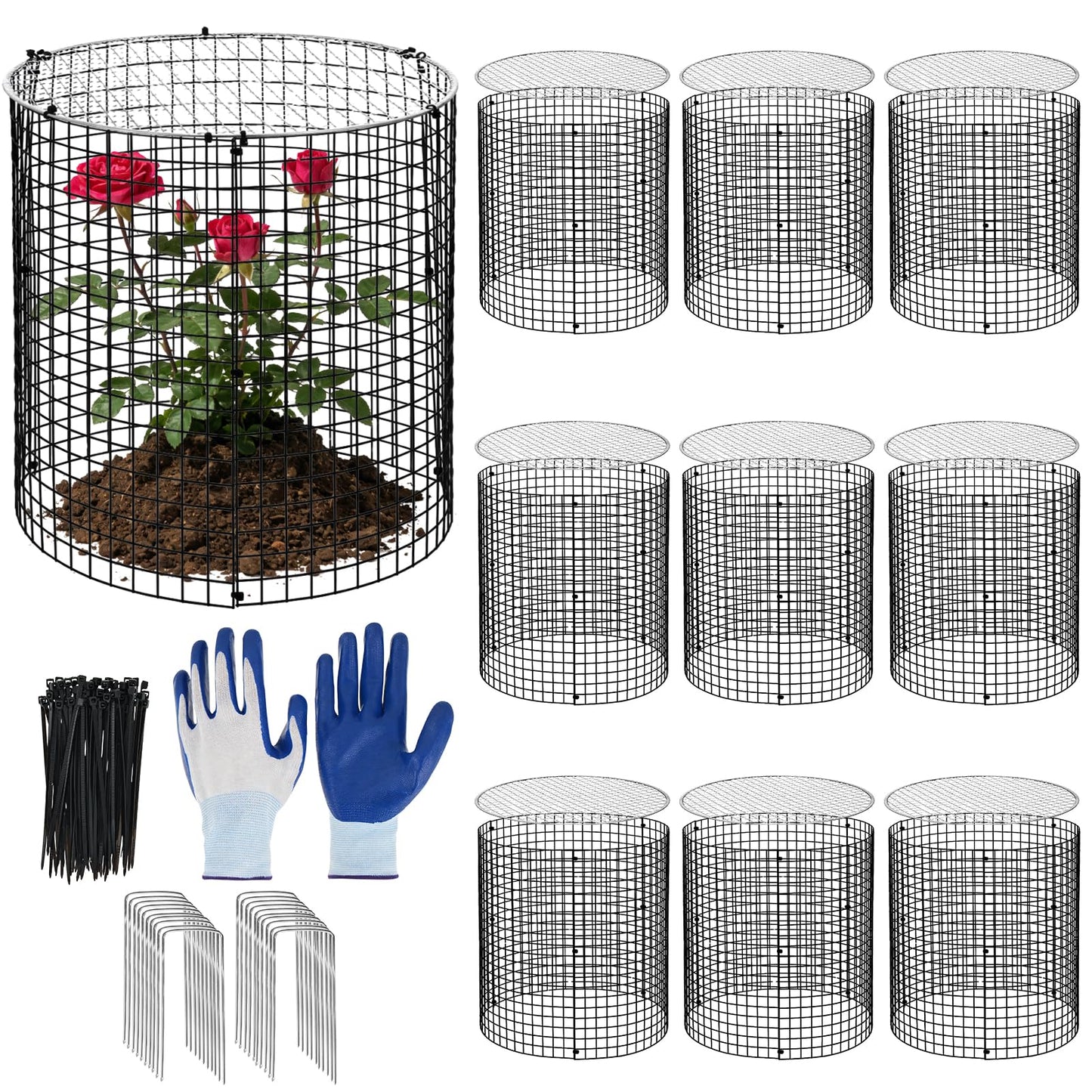 10 Sets 12"x 12" Garden Plant Protectors from Animals with Detachable Covers Metal Plant Cage Chicken Wire Cloche with Ground Stakes & Nylon Tie Wire Plant Cage to Keeping Bunny Animals Out Chicken