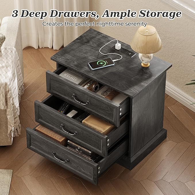 Huuger Nightstand with Charging Station, 3 Drawer Night Stand, 22 Inch Wider