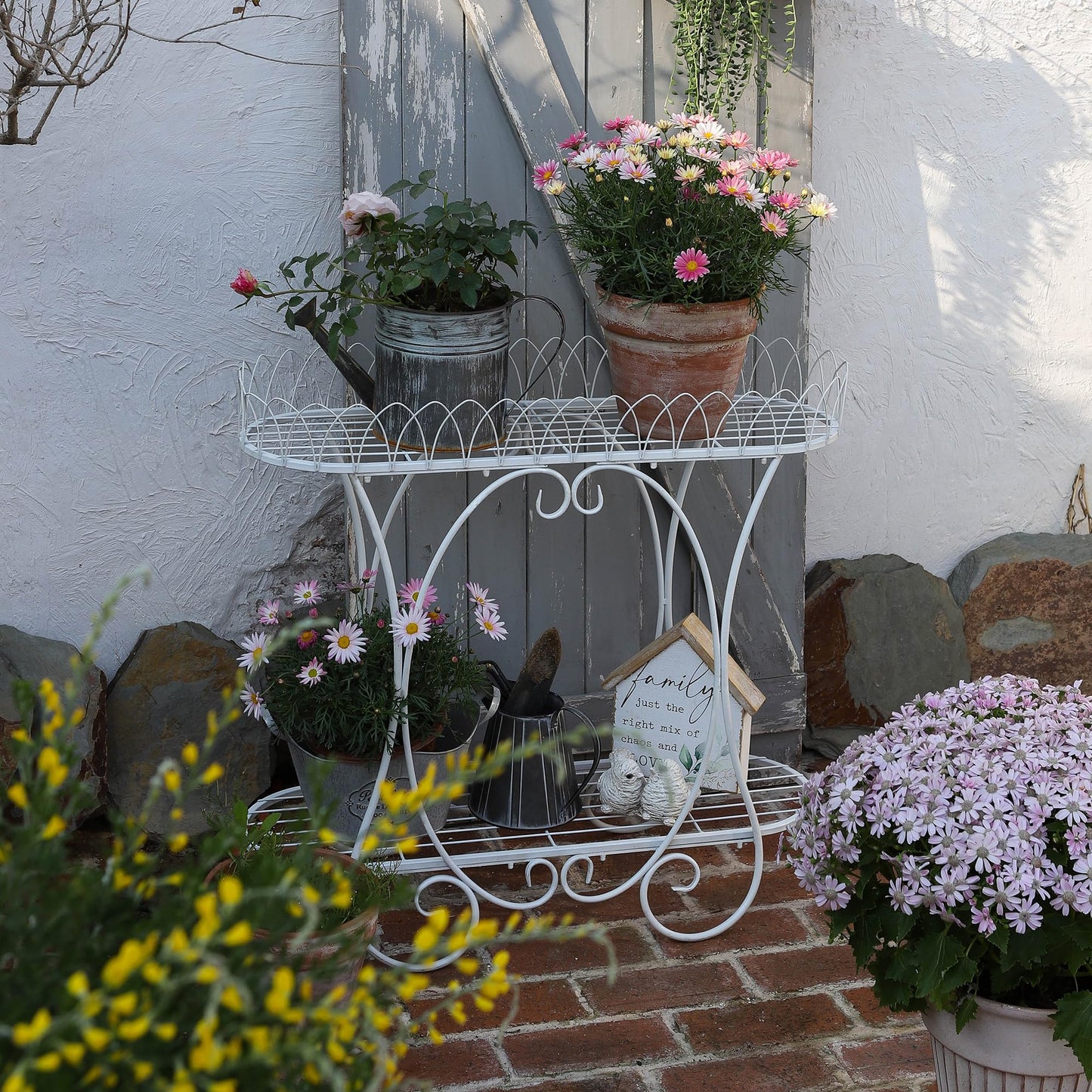 White Oval Plant Stand with Lattice Base, French Entryway Decor for Plants, Elegant Floor Flower Pot Holder Garden Decoration