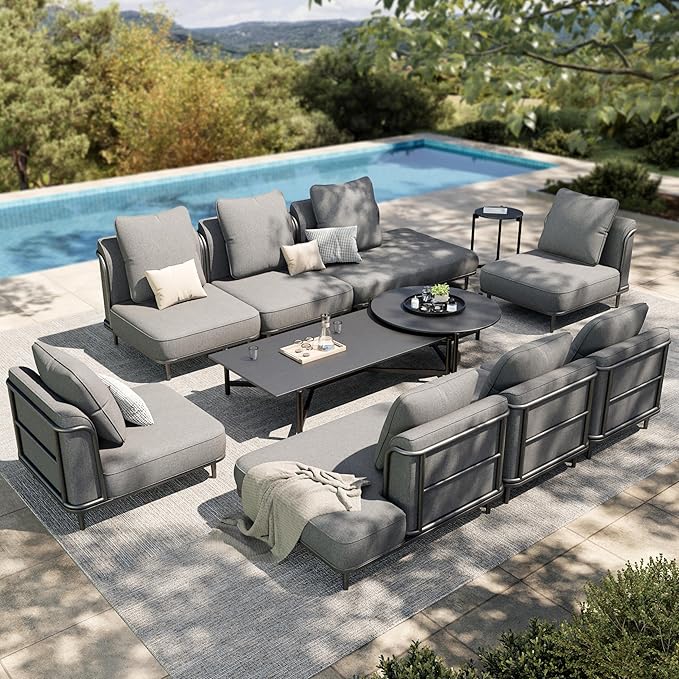 HERA'S HOUSE Metal Patio Furniture Set, Modular 10 Seats, 1 Nesting Coffee