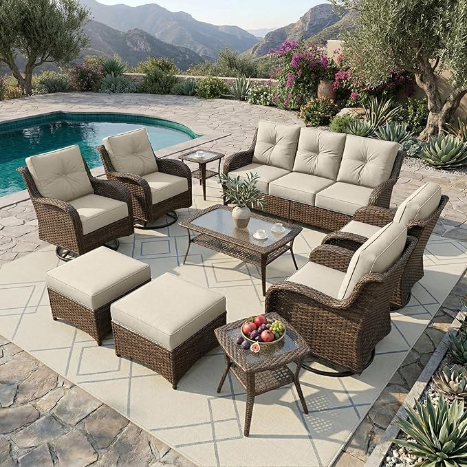 Patio Furniture Set, High Back Rattan Sofa & Swivel Rocker Chairs, Weather