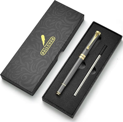 BEILUNER Ballpoint Pens, Stunning Grey Chrome Metal Pen with Golden Trim, Fancy Ball Pen Gift Set for Men & Women, Professional, Executive, Office,Journal Pens-Gift Box with 0.5mm Black Extra Refill