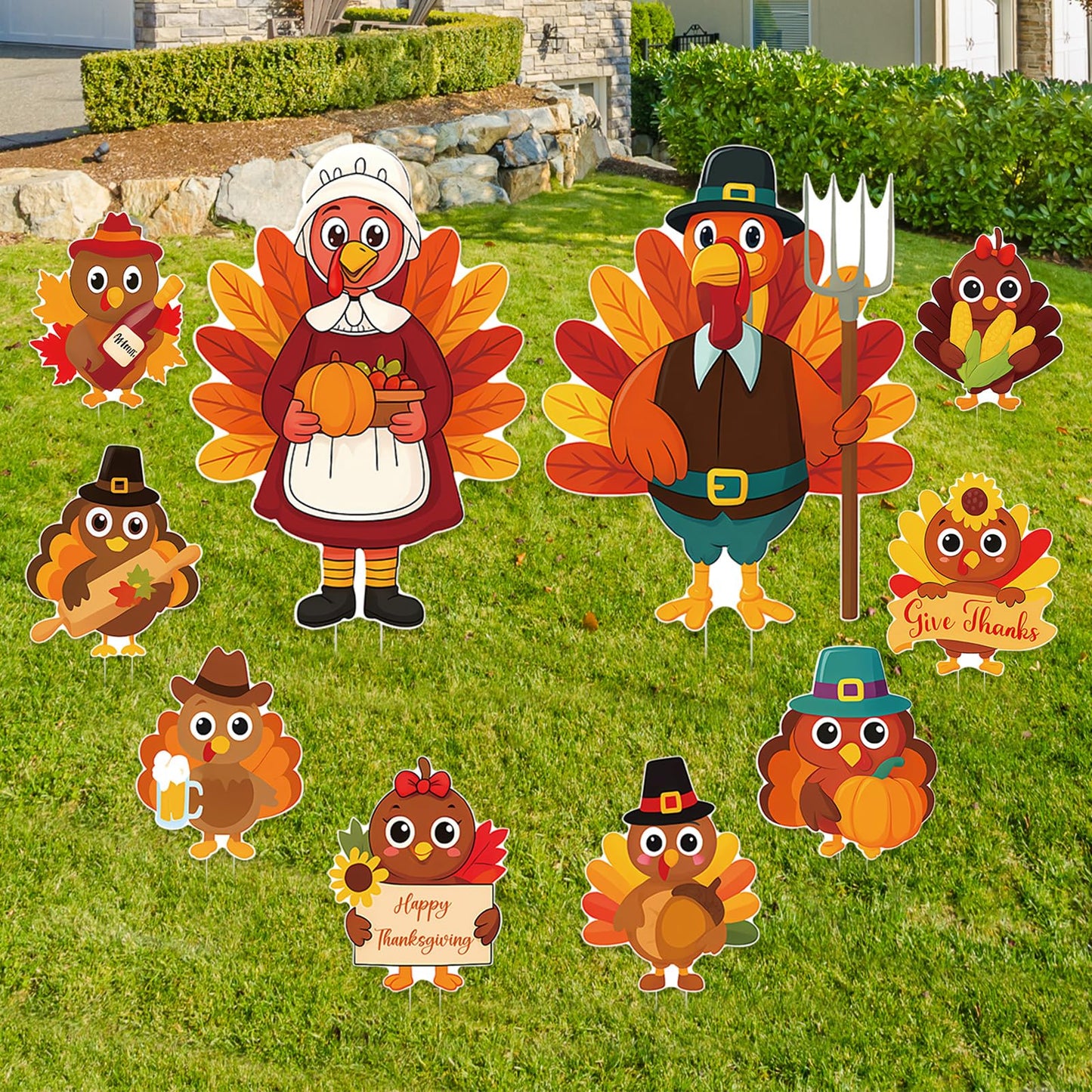 10PCS 20x12Inch Thanksgiving Yard Signs with Stakes Outdoor Turkey Decorations Waterproof Thanksgiving Lawn Decor for Garden Porch Farmhouse Party