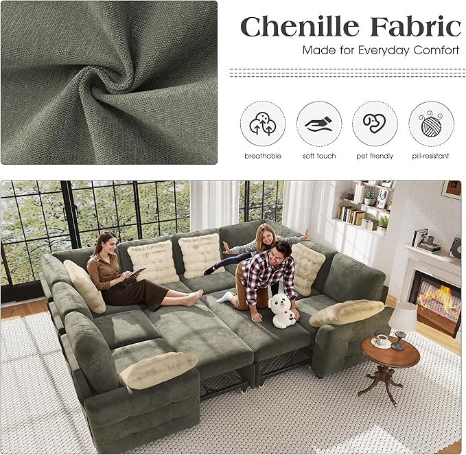 Ihanherry Large U-Shaped Sectional Sofa Bed, 8-Seater Convertible Sleeper