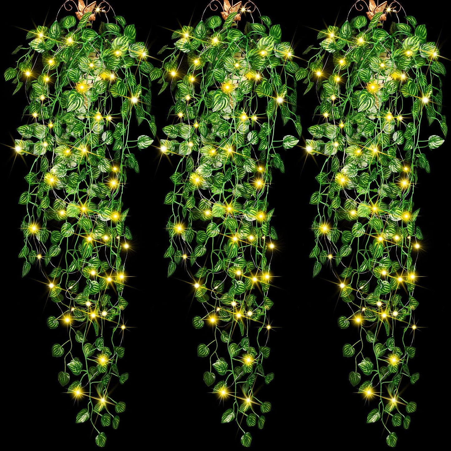 3 Packs LED Artificial Hanging Plants, 3.6 ft Fake Hanging Plant, Ivy Vine Fake Leaves Greeny Chain Wall Home Room Garden Wedding Garland Outside Decor (Basket Not Included) (Watermelon Leaves Style)