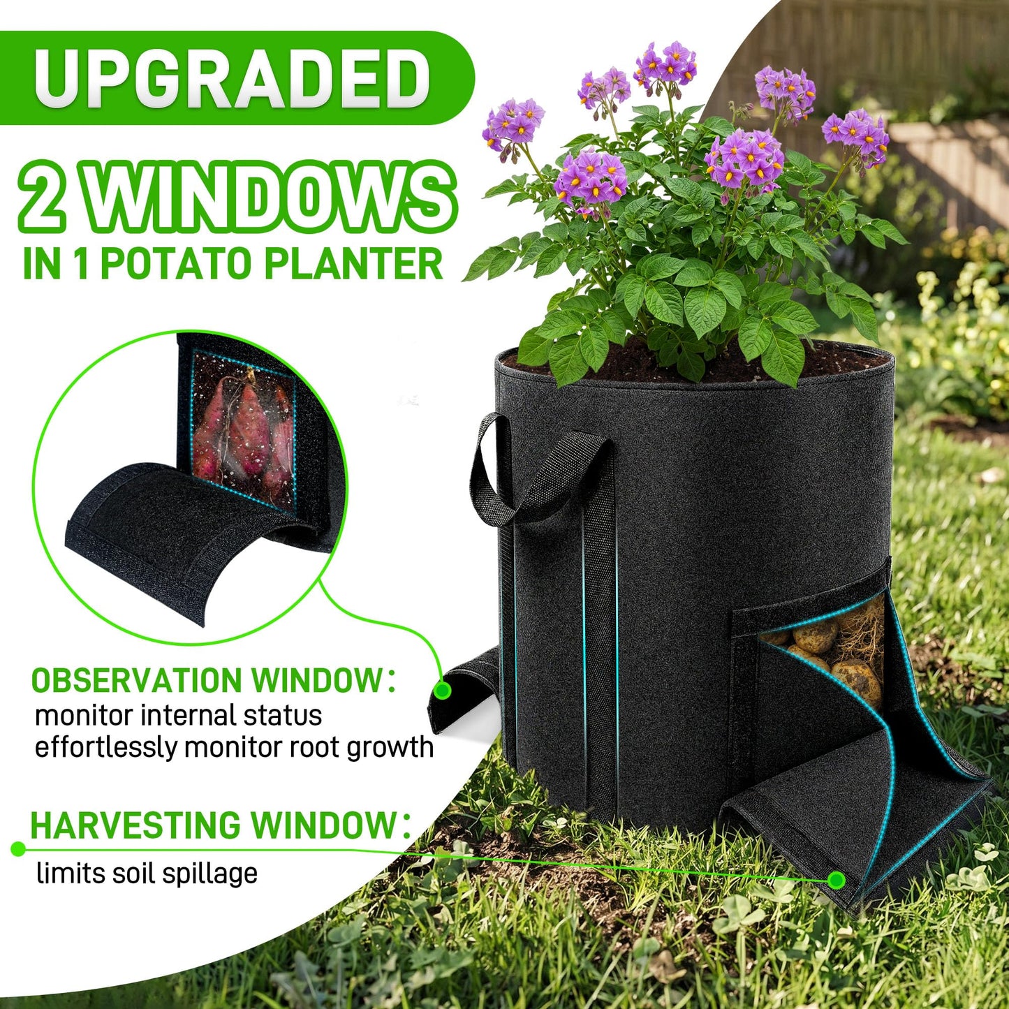 Mulctun 3Pcs 20 Gallon Potato Grow Bags, Grow Bags with Harvest & Visible Windows,Potato Bags for Growing Potatoes with Sturdy Handles,Potato Growing Containers for Growing Potatoes Vegetables