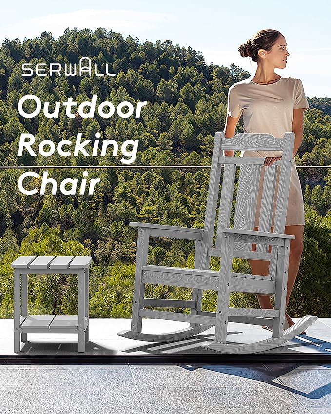 SERWALL Oversized Rocking Chair Outdoor, HDPE Outdoor Rocking Chair, Space Gray