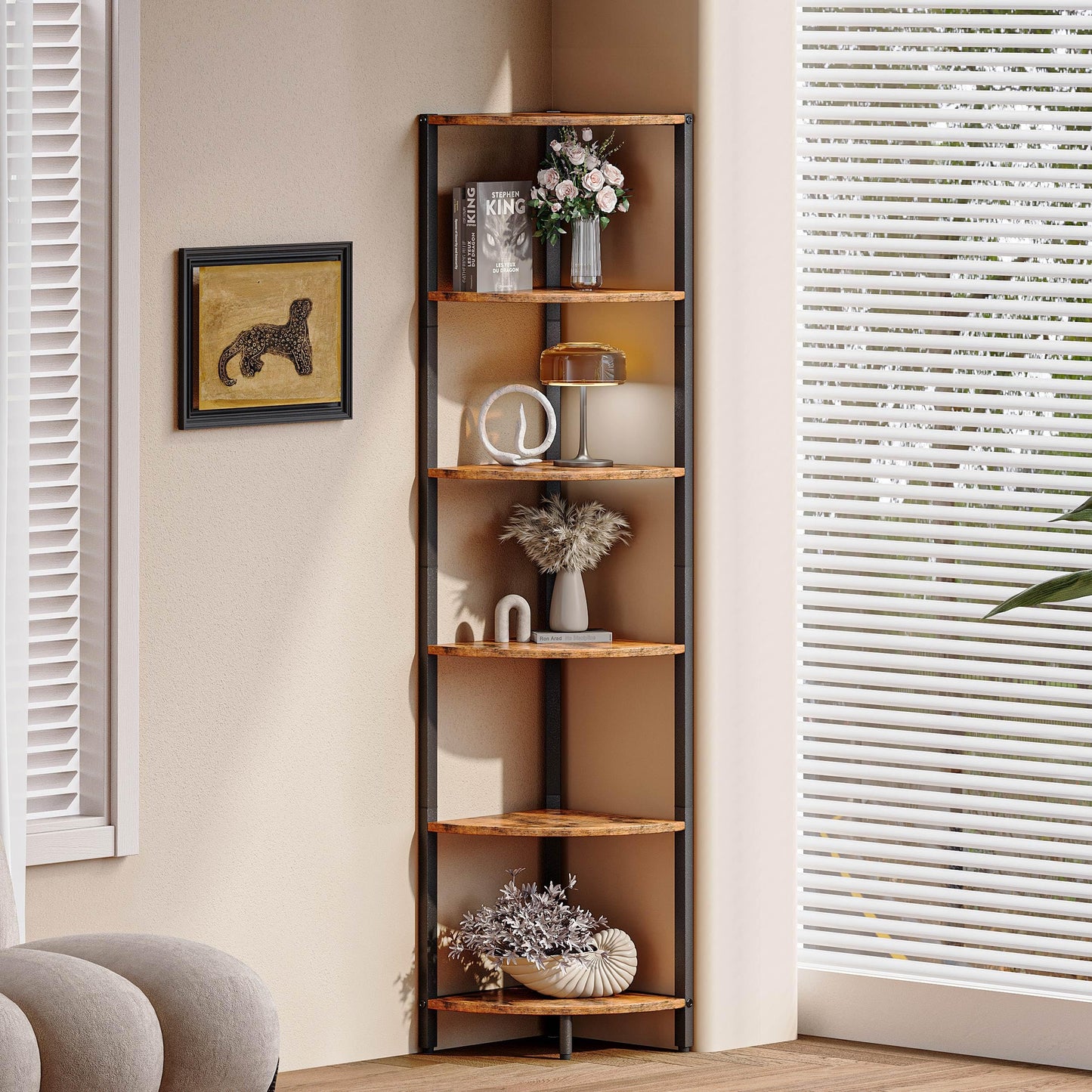 6 Tier Corner Shelf 63.1" Tall Corner Shelves stand Ladder shelf metal Standing Bookshelf Organizer Display Rack Bookcase Plant Stand Industrial style for Living Room Bedroom rustic Brown CS-001RB