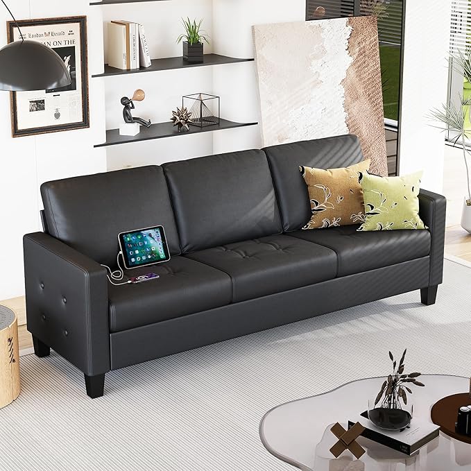 STHOUYN 73” Black Faux Leather Sofa Couch, Modern Comfy Office 3 Seater Couch
