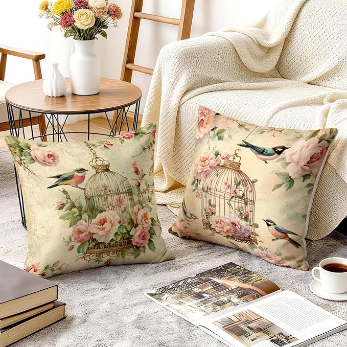 OBSEDE Vintage Throw Pillow Covers Set of 2, 18x18 Inch Pink Rose and Bird Print