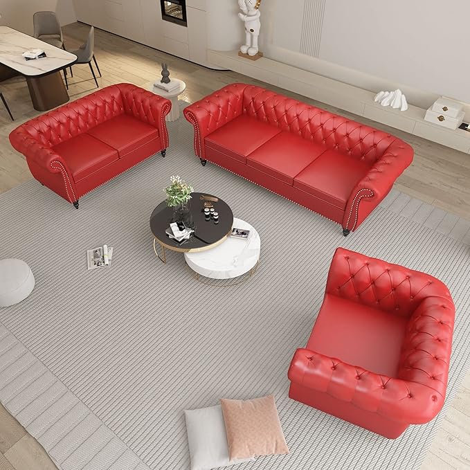 ORRD 3 Pieces Living Room Set, Chesterfield Sofa Faux Leather Loveseat Couch