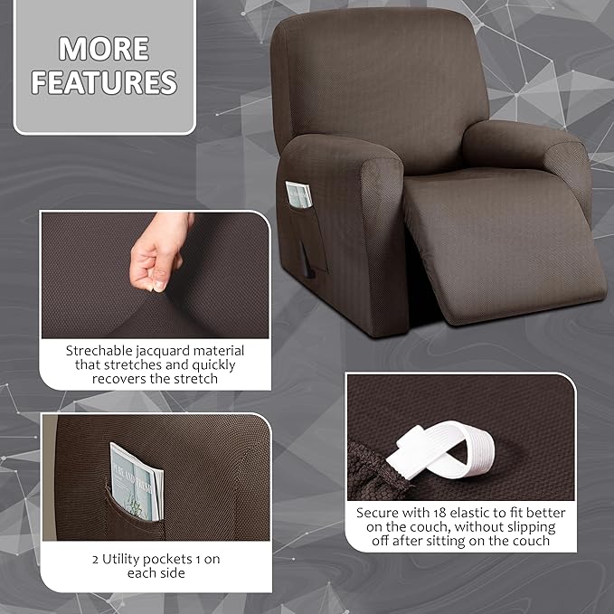 ULTICOR 4-Piece, 1 Seat Recliner Cover, Yarn Dyed Reclining Chair Covers