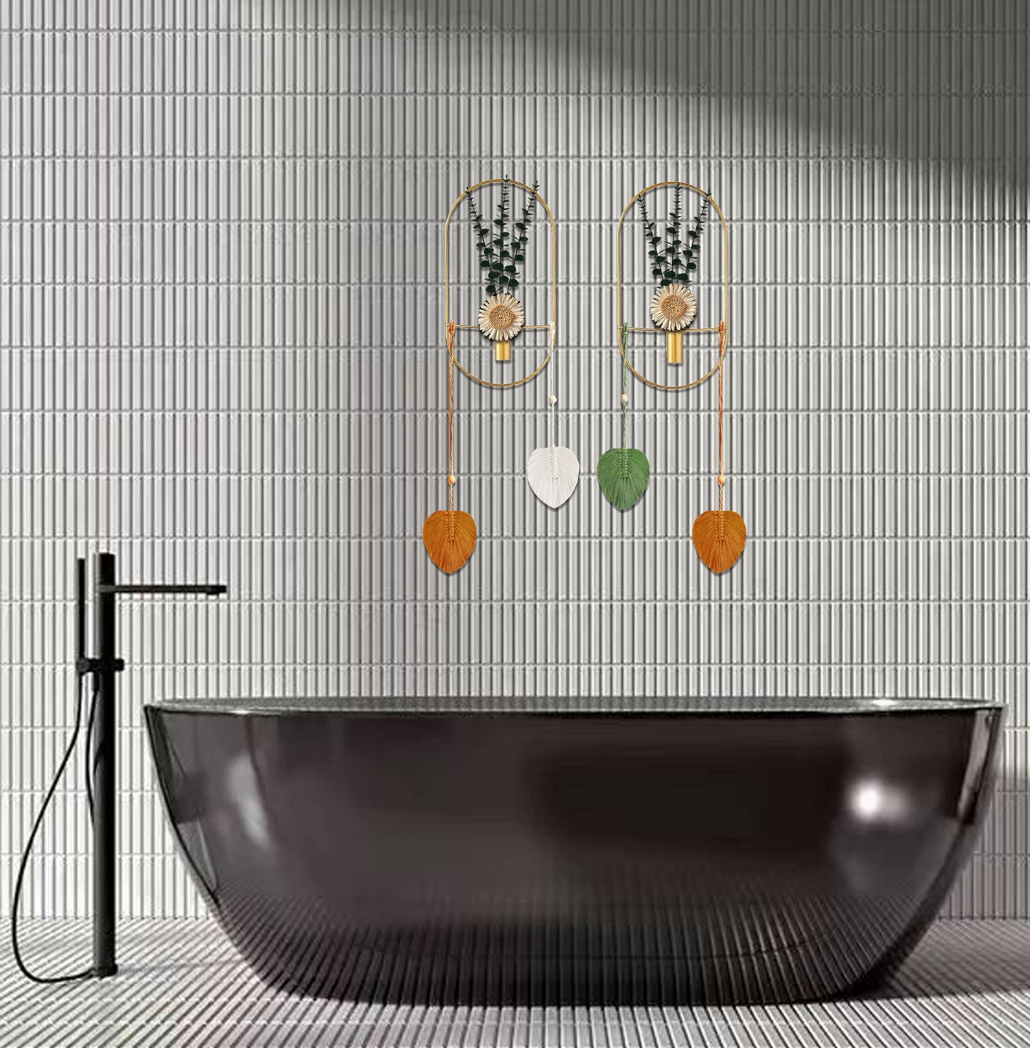 Black Plant Decor, Wall Mounted Metal Vase, Wall Mounted Metal Art for Living Room, Bedroom, Bathroom, Dining Room, Faux Plant Wall Decor (Large 2 Piece Set Gold)