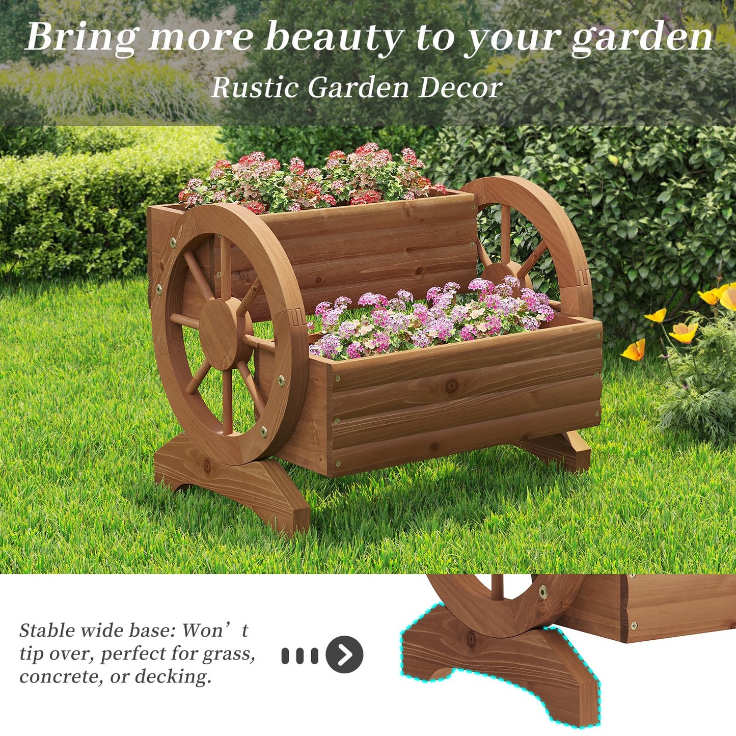 Kitsanery Wooden Planter Box,Planters for Outdoor Plants, Flower Cart for Patio Garden Balcony, Backyard Decor Garden Planters with Wheels for Flowers,Vegetables (Light Brown)