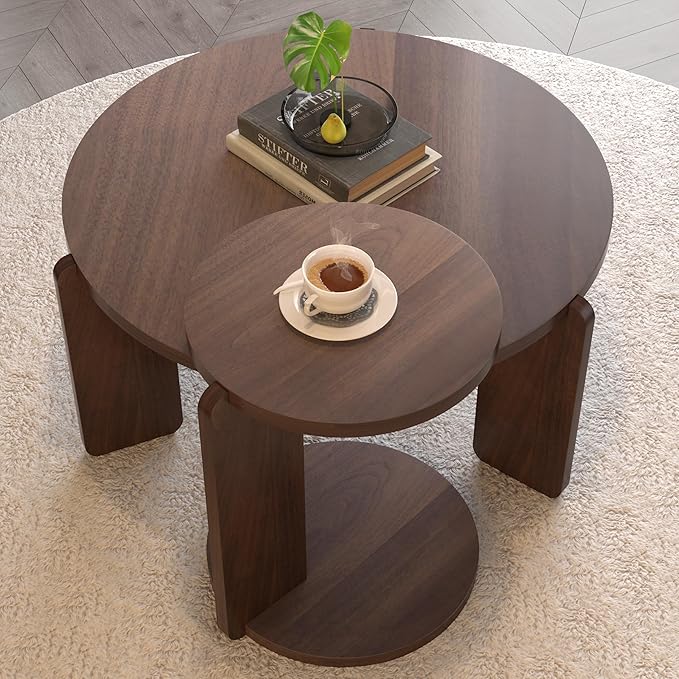 GDFStudio Round Nesting Coffee Table Set of 2, Modern Wooden Accent Side Table