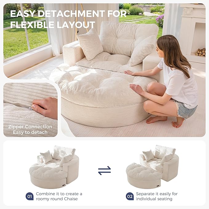 MAXYOYO Oversized Round Chaise Lounge Sofa, Upholstered Lounge Chair
