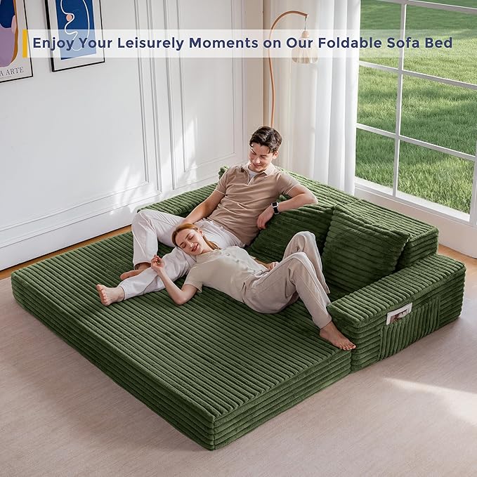 MAXYOYO Loveseat Sofa Bed, Striped Faux Fur Foldable Floor Sofa Couch in A Box