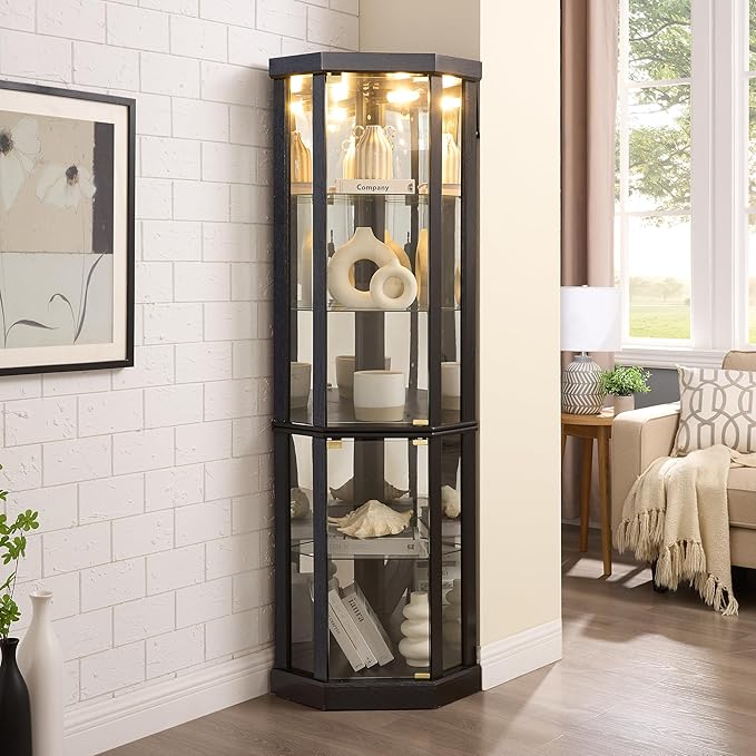 Corner Curio Cabinet, 150lbs Heavy Duty Glass Display Cabinet