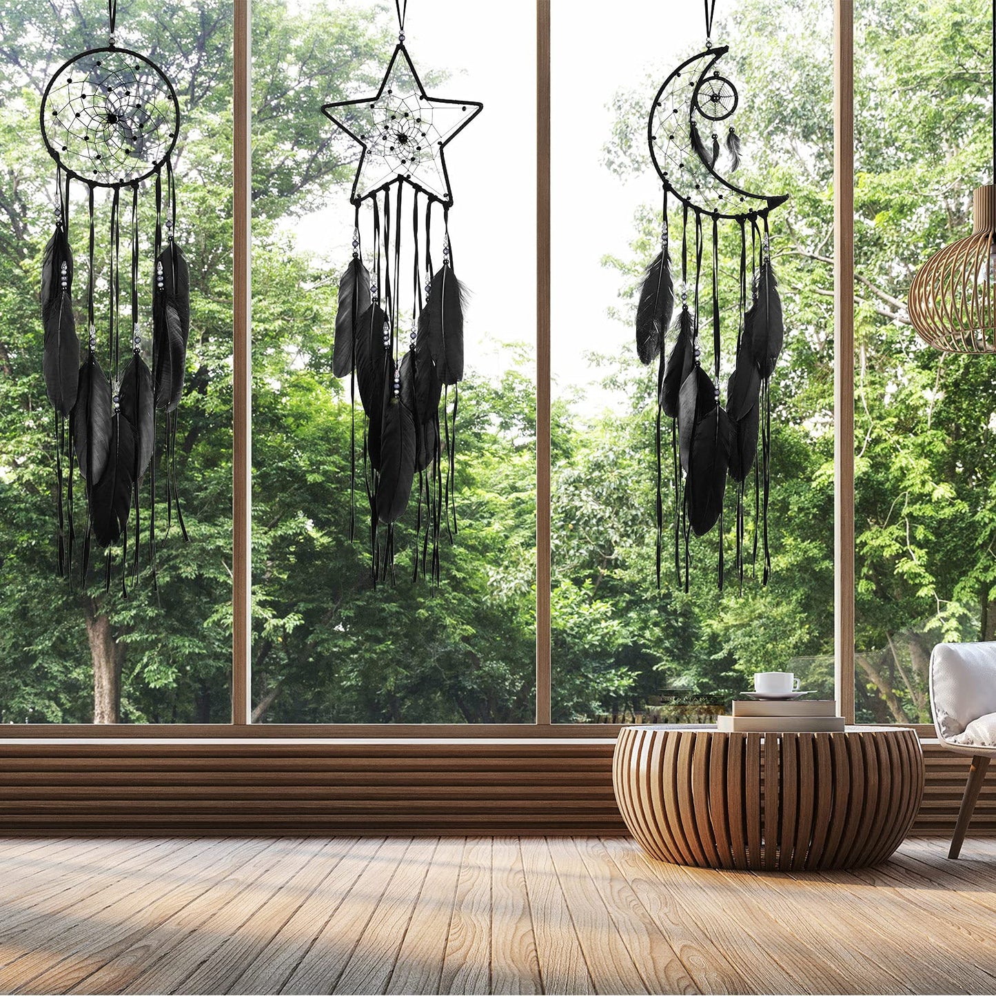 Jetec 3 Pcs Dream Catcher Moon Sun Star Design Handmade Traditional Craft Ornament Wall Art Hanging Home Decoration for Bedroom Room Decor Wedding Halloween Christmas Decorations Gift(Black)