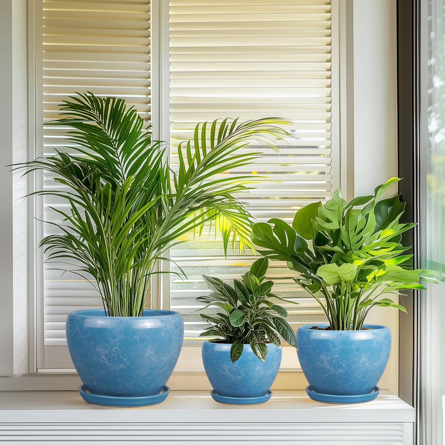 EPFamily Ceramic Plant Pots - 10+8+6 Inch Modern Round Planters for Indoor Outdoor with Drainage Holes and Plant Saucers, Room Patio House Office Decor, Gardening Gifts for Women Men, Set of 3, Blue