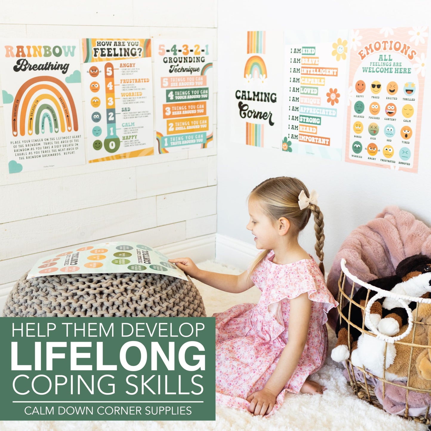 Hadley Designs 8 Calming Corner Posters for Classroom Must Haves - Calm Down Corner Supplies with Emotions Chart, School Counselor Mental Health Poster, Feelings Chart For Kids, Retro Classroom Decor