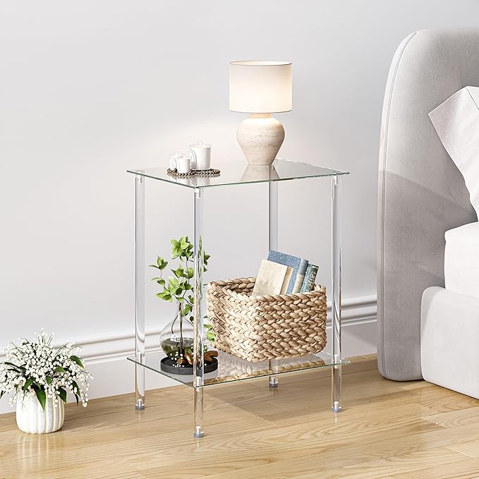 Tempered Glass Side Tables Set of 2 Acrylic End Table