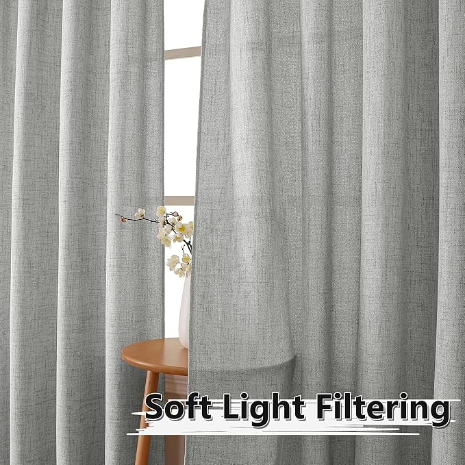 Tollpiz Linen Tier Curtain Rod Pocket Semi Sheer Half Kitchen Curtains Burlap Light Filtering Thick Linen Drape for Bathroom, 30 x 36 inches Long, Silver Grey, Set of 2 Panels
