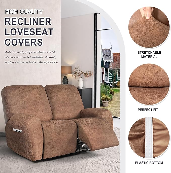 ANARACHON Leather Look Loveseat Recliner Cover, 6-Pieces Stretch Dual Recliner