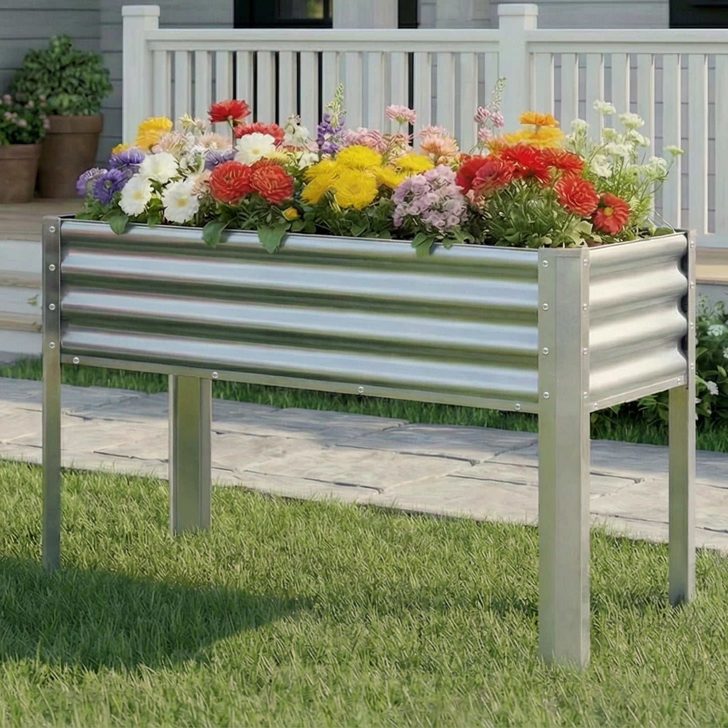 Chuangshuo Guard 2Pcs Galvanized Raised Garden Bed with Legs, 48×24×32in Large Metal Elevated Raised Planter Box with Drainage Holes for Backyard, Patio, Balcony, 400lb Capacity,Sliver