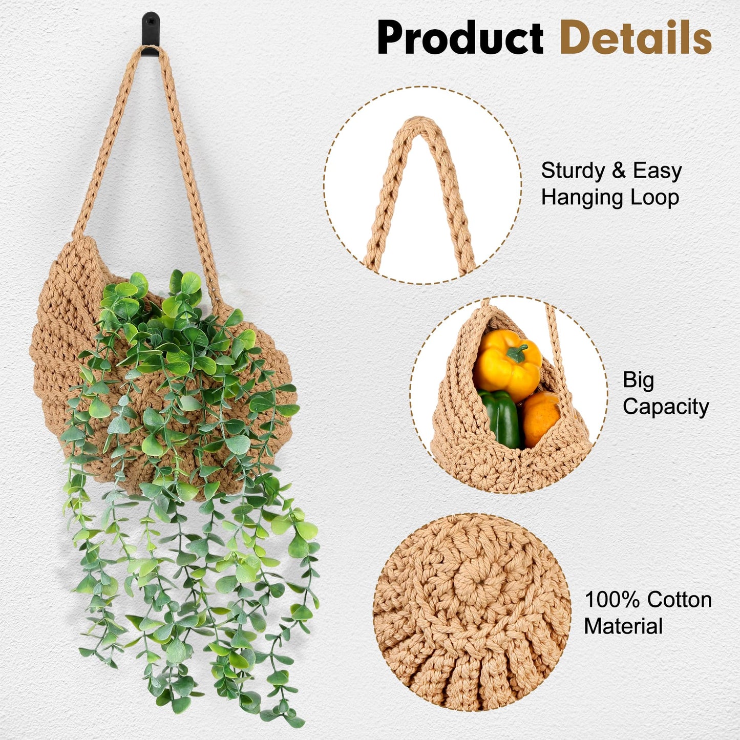 Boho Decor Hanging Wall Baskets for Kitchen, Seashell-Shaped Cotton Fruit Storage for Onion Vegetable Potato, 3 Pack Handwoven Wall Organizer with Hooks, Screws & Nuts