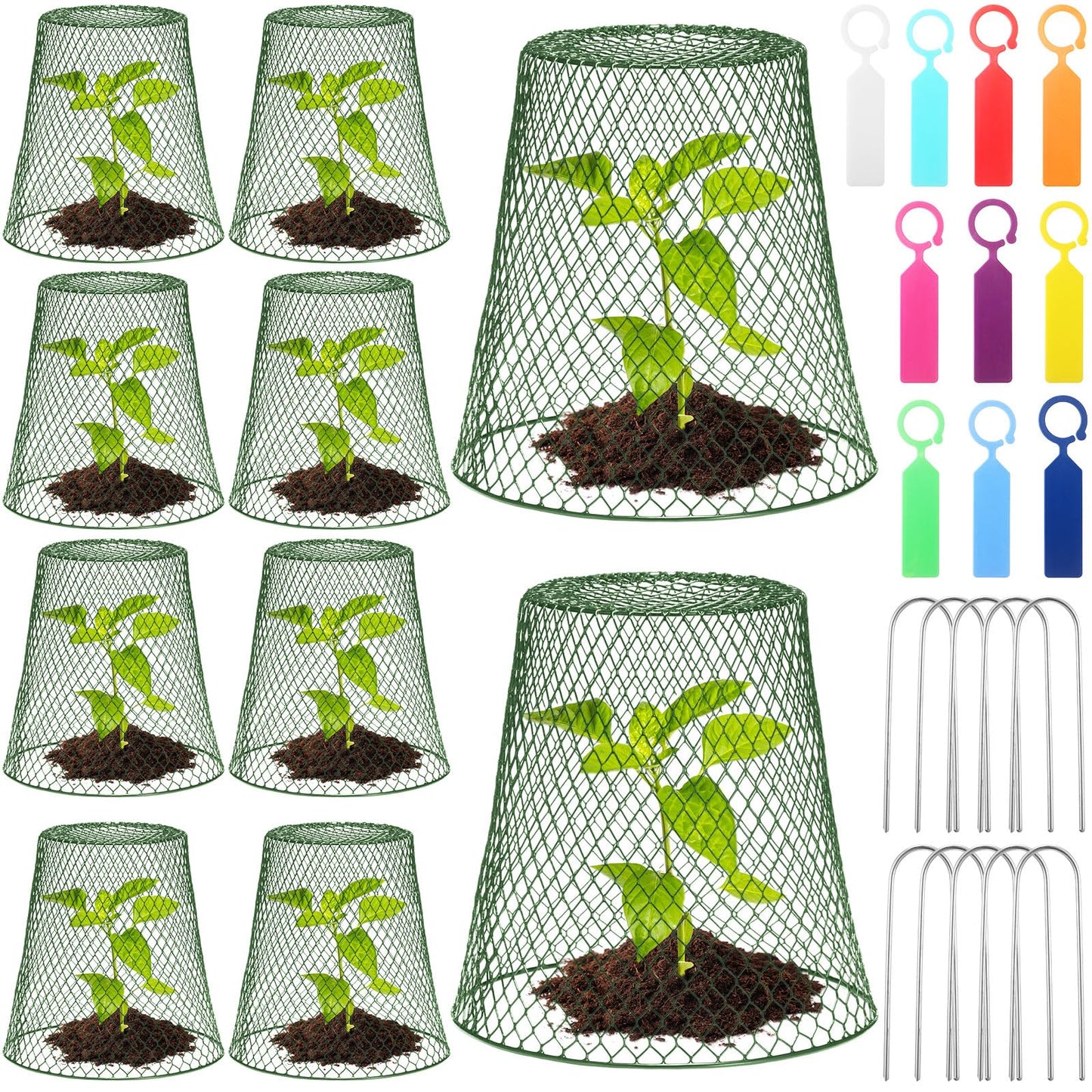 Geosar 10 Pcs 9 Inch Chicken Wire Cloche Plant Protector Cover Metal Garden Cloche Netting Protection Cages Vegetables Flowers with Garden Stakes Avoiding Chicken Rabbit Squirrels Birds (Green)