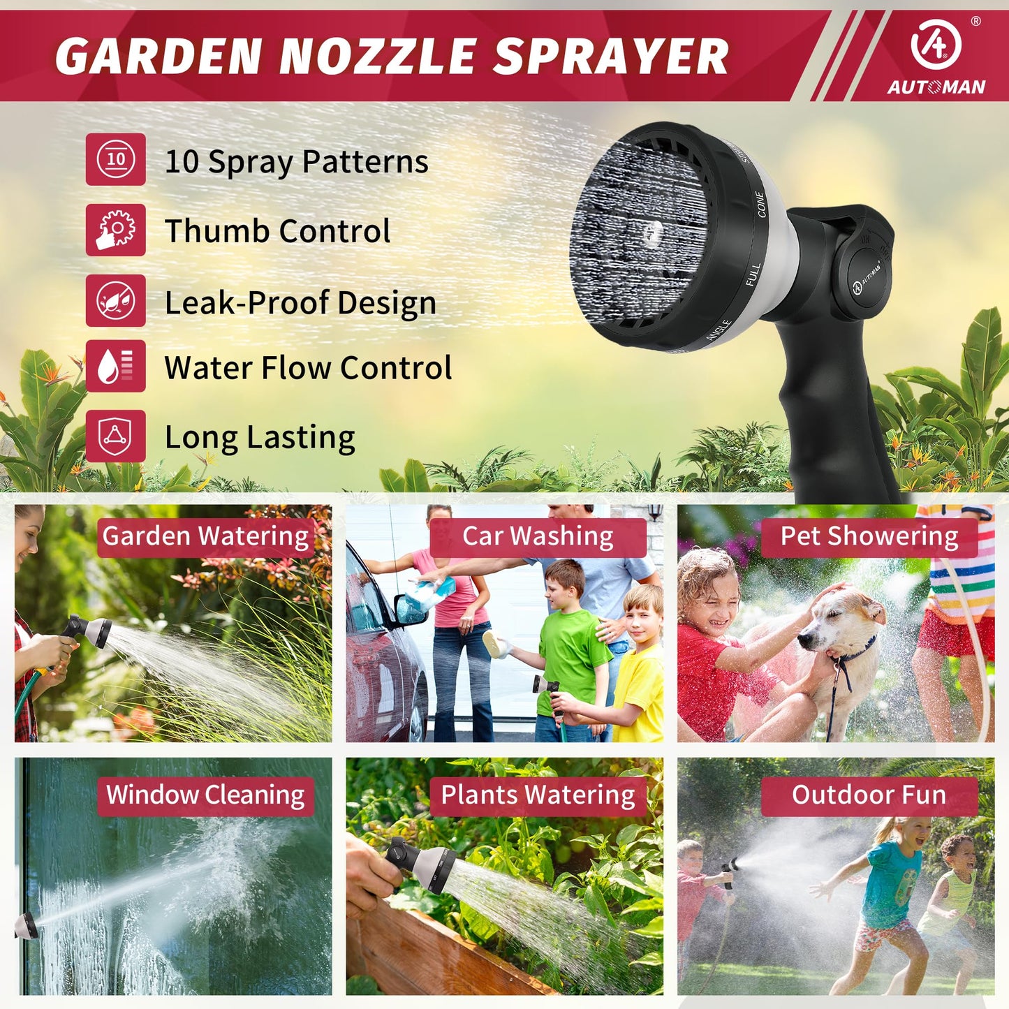 AUTOMAN Garden Hose Nozzle Sprayer - 10 Spray Patterns, 2 Pack Thumb Control Water Hose Nozzle Outdoor, Heavy Duty Spray Nozzles for Watering Garden, Cleaning Window, Washing Car, Showering Pets