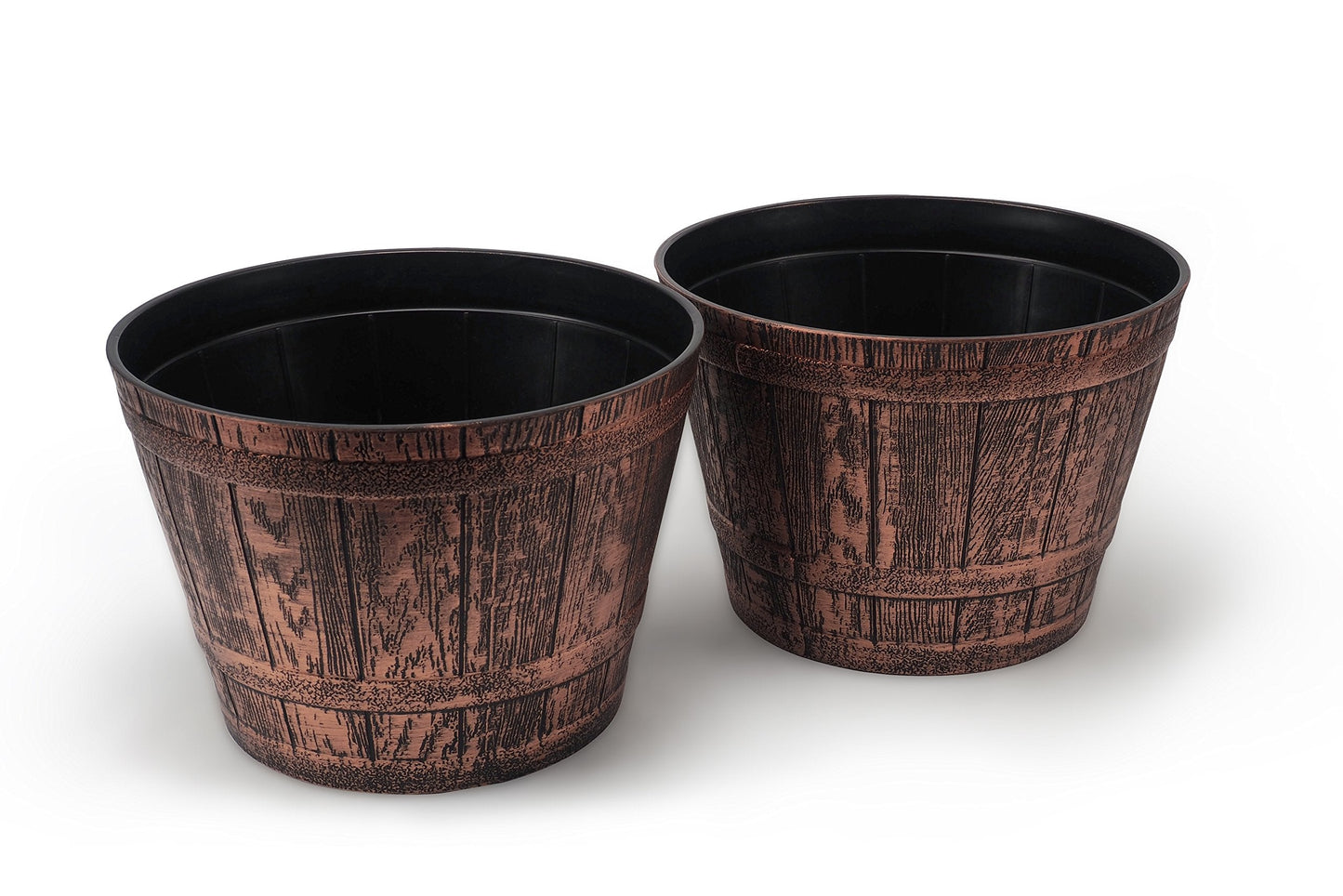 Sapphire Plant Pots Set of 2 Pack 10 inch, Copper Whiskey Barrel Planters with Drainage Holes. Plastic Decoration Flower Pots Imitation Wine Barrel Design (Copper-S)