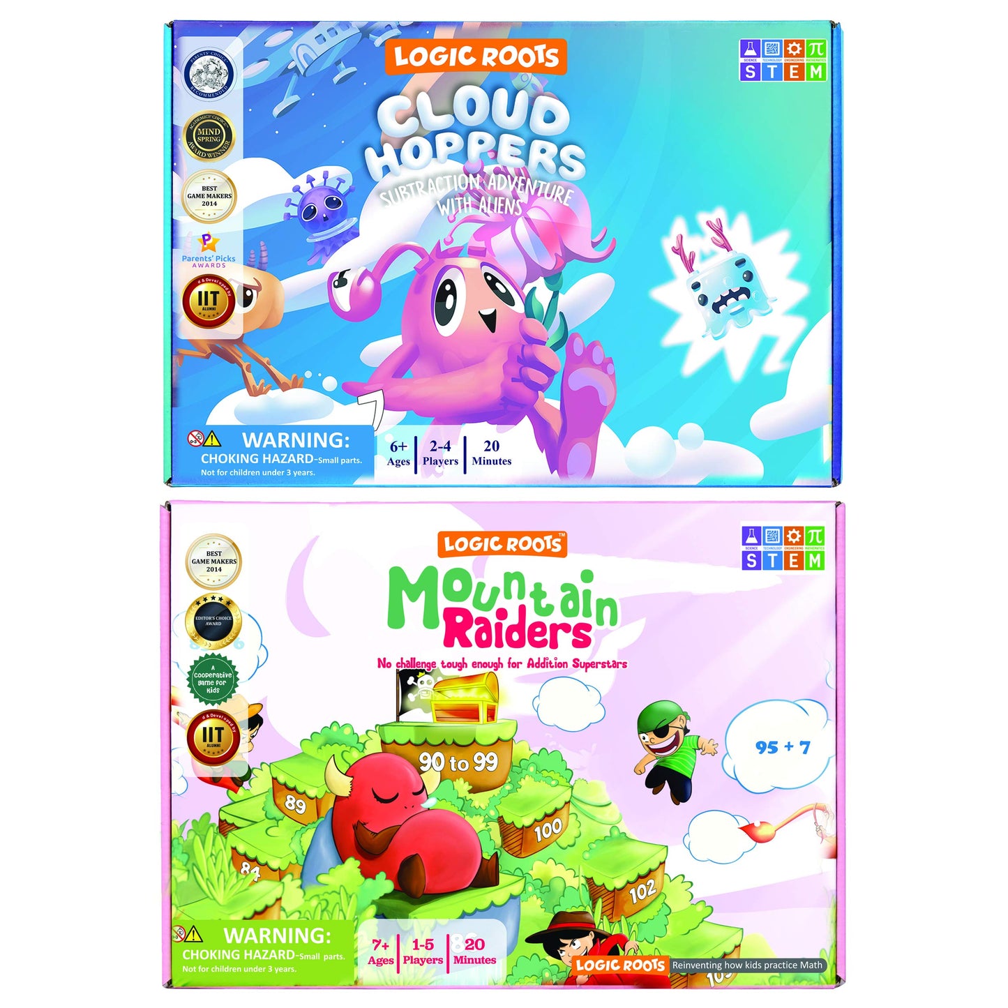 Logic Roots Addition and Subtraction Game - Fun Math Board Game for 6-8 Year Olds, Easy to Play Educational Game for Kids at Home, STEM Toy Gift for Girls & Boys (Cloud Hoppers + Moutain Raiders)