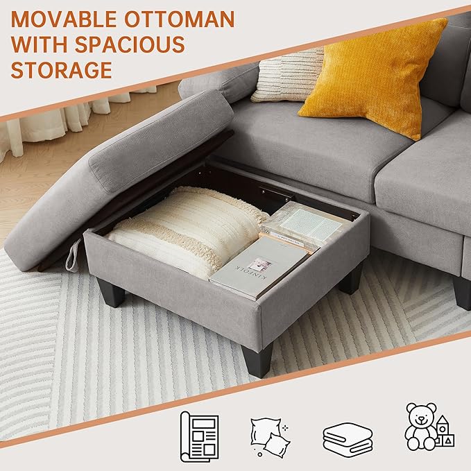 84" Convertible Sectional Sofa Set, 3 Seat L Shaped Couch