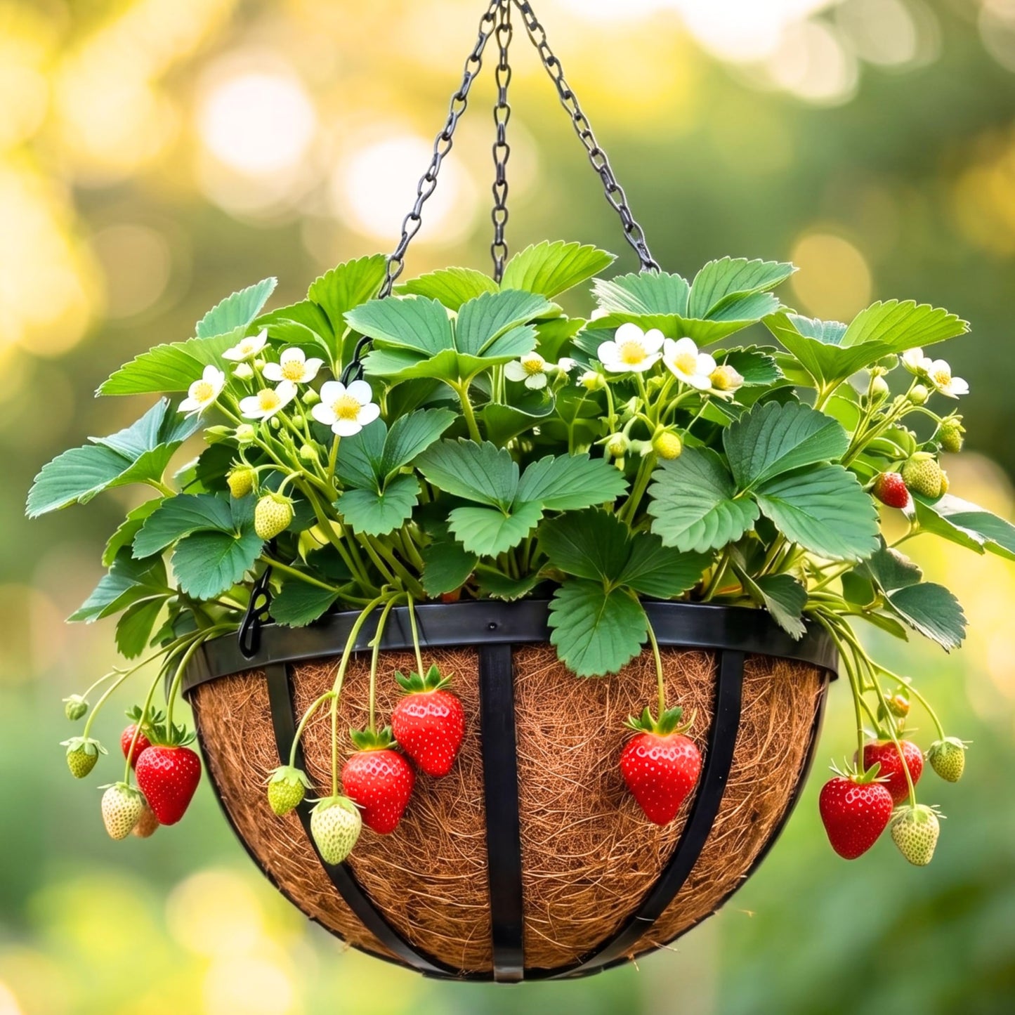 LaLaGreen Outdoor Hanging Baskets for Plants (12 Inch, 2 Pack) Medium Black Hanging Planters with Coco Liner, Metal Flat Iron Flower Pots for Deck Patio Porch Modern Garden Balcony Outside Decoration