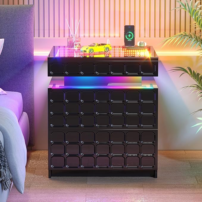 Night Stand with Charging Station and Smart RGB Lights, LED Nightstand with
