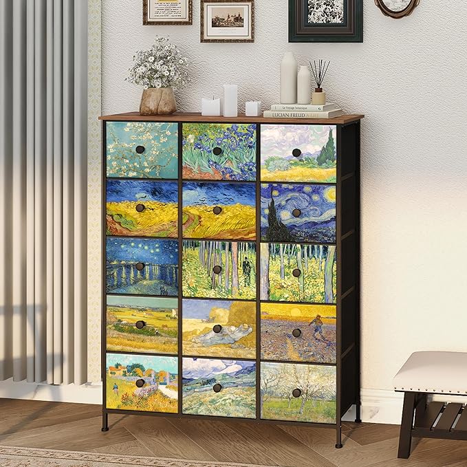 EXOTICA Large Chest of Drawers 15 Drawer Dresser Van Gogh Tall Fabric Dresser