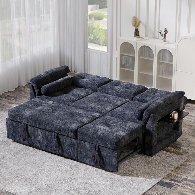 Convertible Sleeper Sofa Bed, 63 Inch Chenille Pull Out Couch