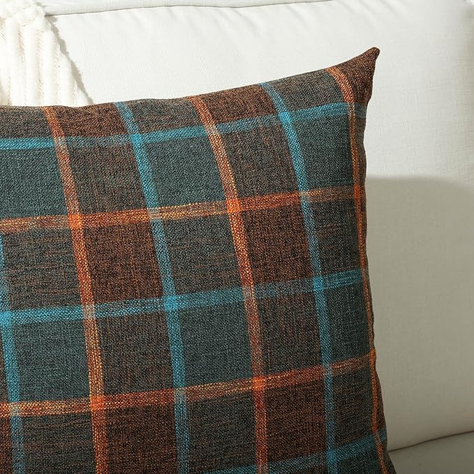 Stellhome Pack of 2 Fall Linen Buffalo Check Throw Pillow Covers, Farmhouse