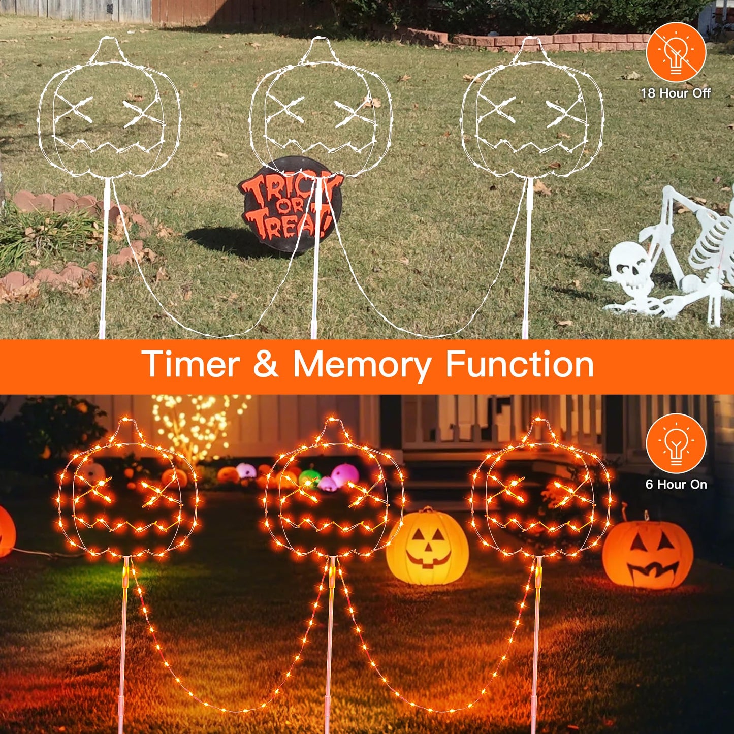 Halloween Walkway Lights,3PACK Hopolon Pumpkin Lights Halloween Decorations Outdoor Light Orange Plug-in Pumpkin Stake Light Pathway with IP44 Waterproof, 8Modes for Holiday Home Garden Yard Decor