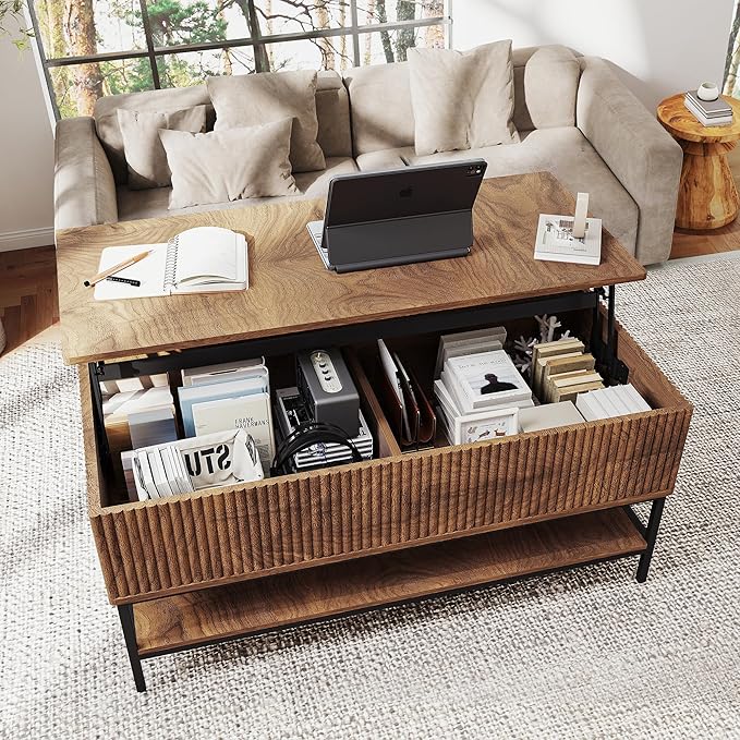 Walnut Coffee Table with Storage, Rectangle Lift Top Coffee Table, Modern Wood
