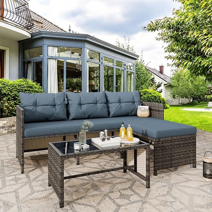 Vongrasig 3 Pieces Patio Furniture Sets, All-Weather Wicker Outdoor Sofa Couch